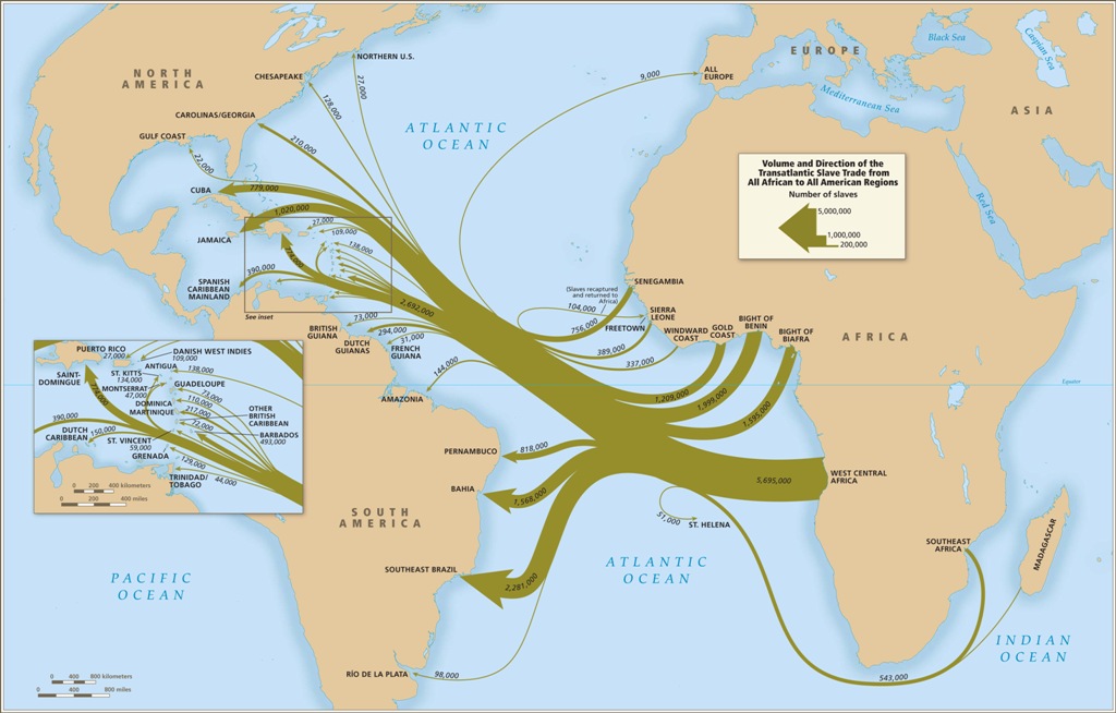 This diagram depicts the Volume and direction of the trans-Atlantic slave trade from West Africa to the americas
